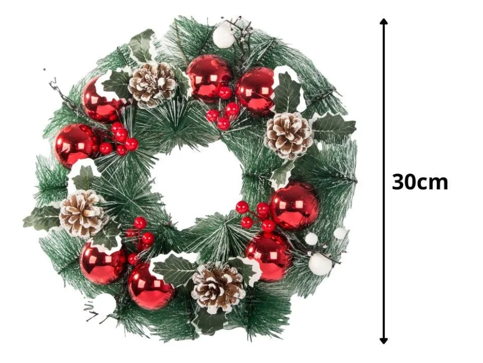 Julkrans 30 cm med kottar, julkulor och rönnbär, röd/vit