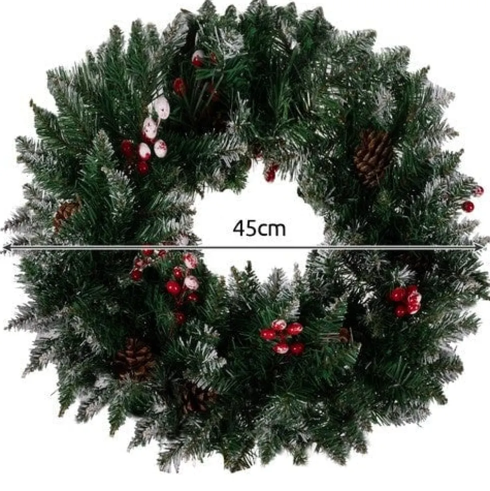 Julkrans 45 cm PVC med konstsnö, kottar och röda bollar inne/ute