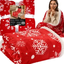 Julpläd 130x170 cm dubbelsidig snöflinga lammpäls vit/röd