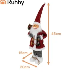 Jultomtefigur 45 cm med lykta och säck, formbar hatt, grå/röd