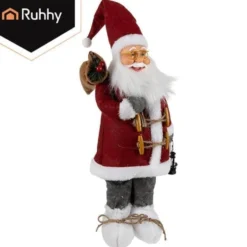 Jultomtefigur 45 cm med lykta och säck, formbar hatt, grå/röd