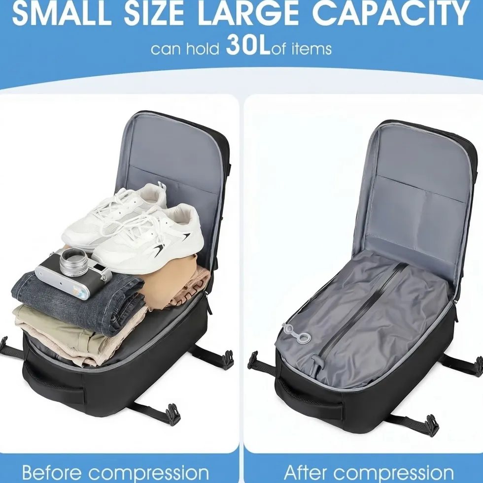 Kabinväska Ryggsäck för Ryanair, Norwegian & Wizzair- Handbagage – 30L Vakuum Kompression USB - cabin bag - pump ingår