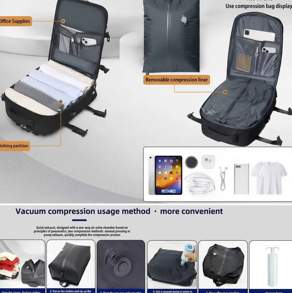 Kabinväska Ryggsäck för Ryanair, Norwegian & Wizzair- Handbagage – 30L Vakuum Kompression USB - cabin bag - pump ingår