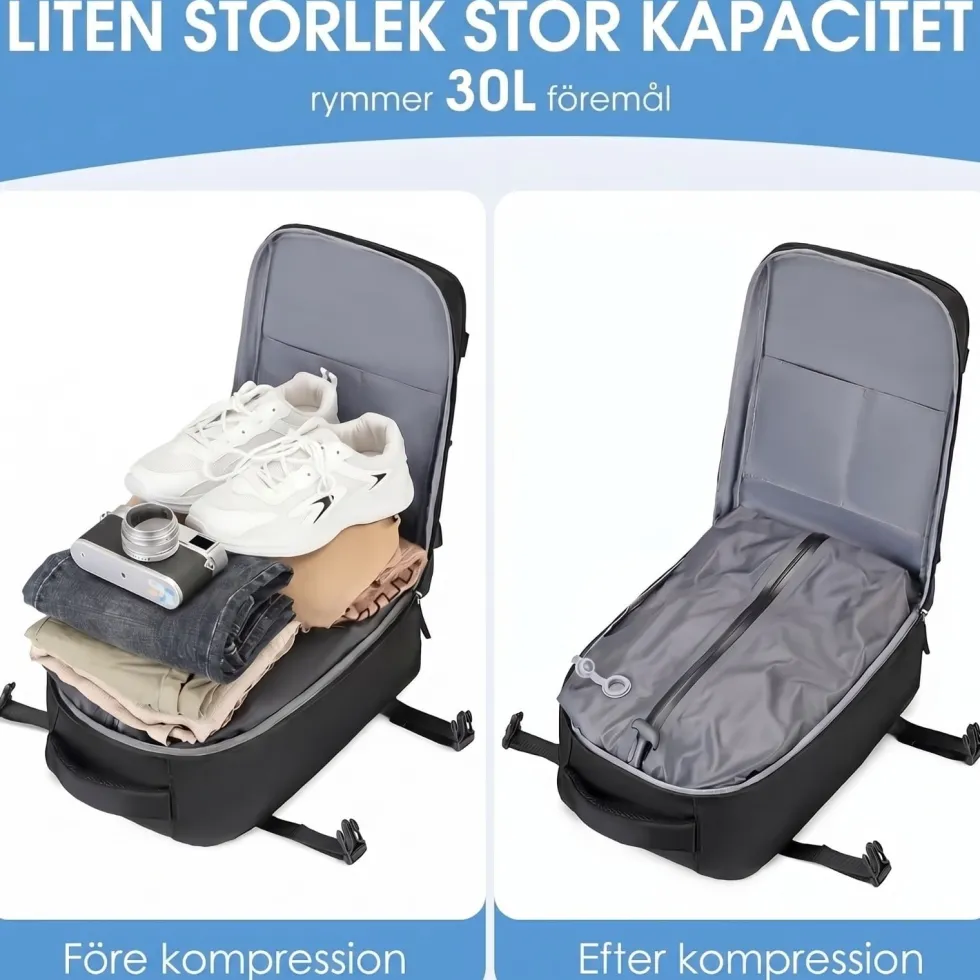Kabinväska Ryggsäck för Ryanair, Norwegian & Wizzair- Handbagage – 30L Vakuum Kompression USB - cabin bag - pump ingår