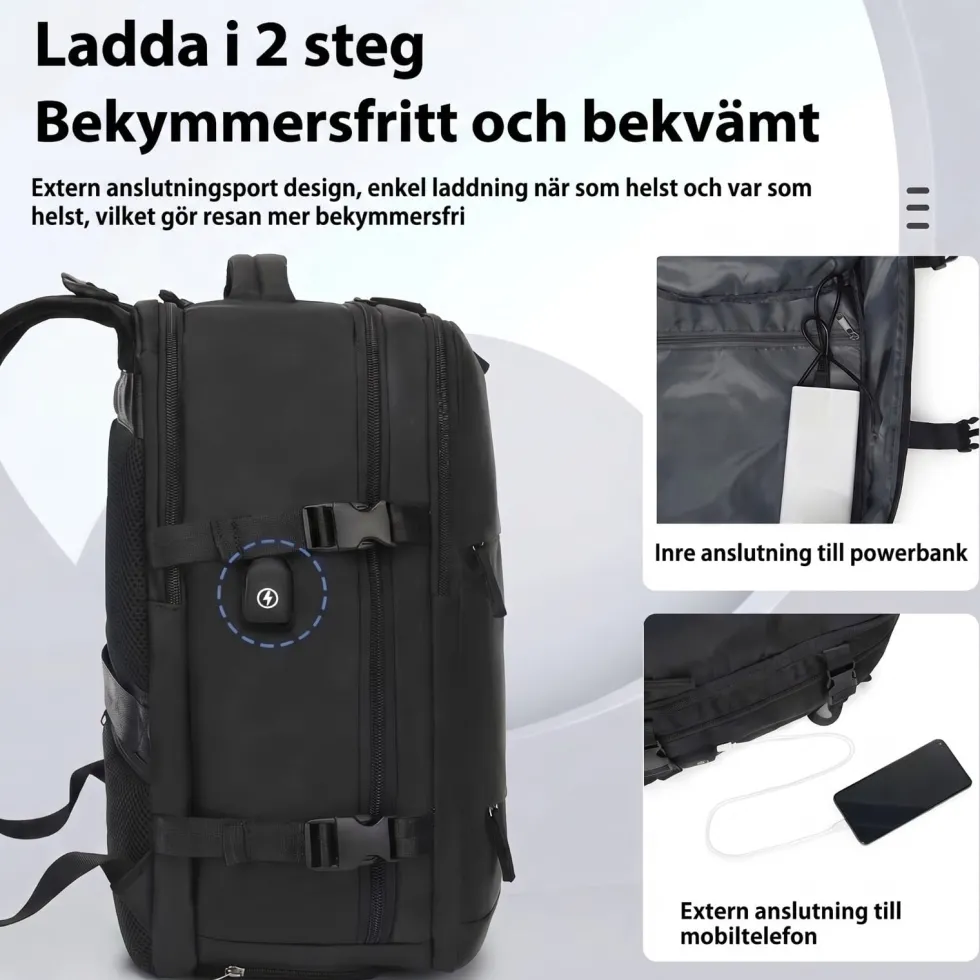 Kabinväska Ryggsäck för Ryanair, Norwegian & Wizzair- Handbagage – 30L Vakuum Kompression USB - cabin bag - pump ingår