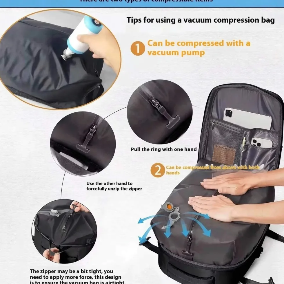 Kabinväska Ryggsäck för Ryanair, Norwegian & Wizzair- Handbagage – 30L Vakuum Kompression USB - cabin bag - pump ingår