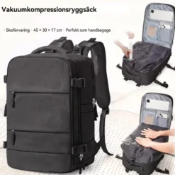 Kabinväska Ryggsäck för Ryanair, Norwegian & Wizzair- Handbagage – 30L Vakuum Kompression USB - cabin bag - pump ingår