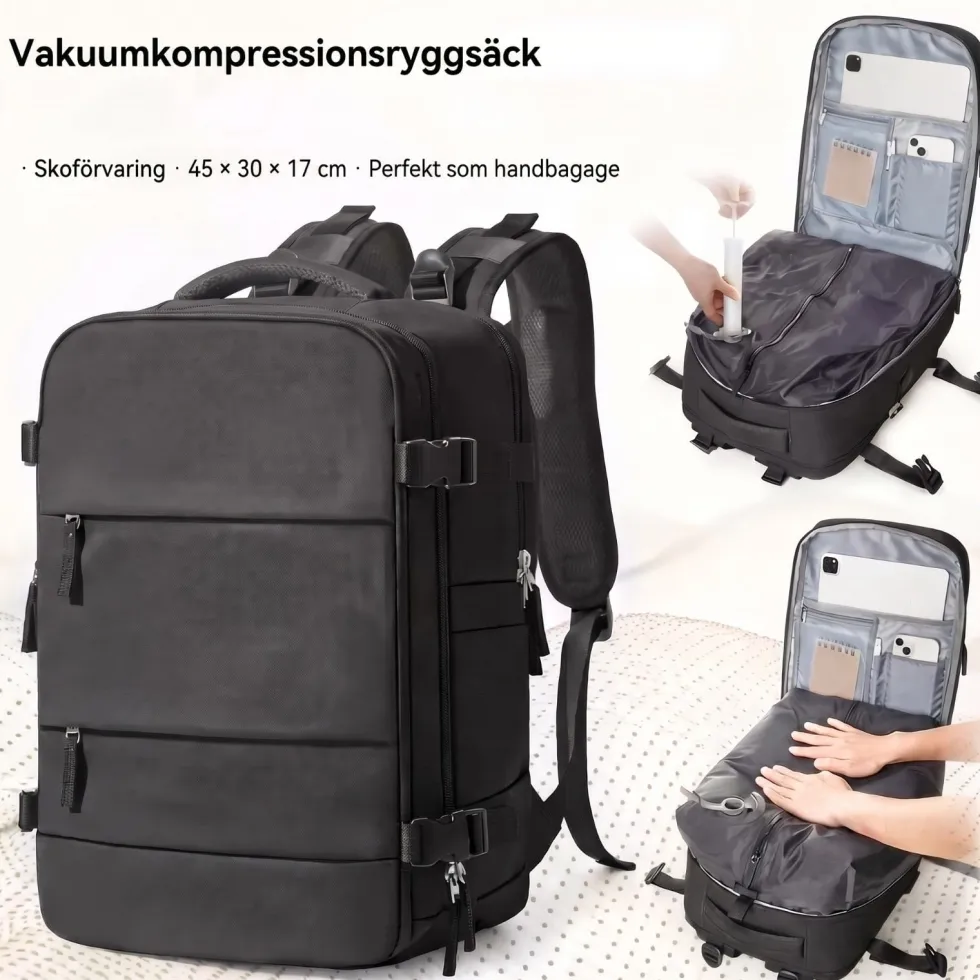 Kabinväska Ryggsäck för Ryanair, Norwegian & Wizzair- Handbagage – 30L Vakuum Kompression USB - cabin bag - pump ingår
