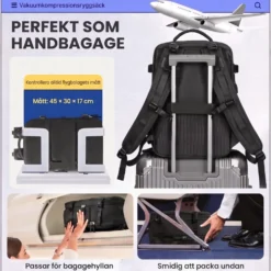 Kabinväska Ryggsäck för Ryanair, Norwegian & Wizzair- Handbagage – 30L Vakuum Kompression USB - cabin bag - pump ingår