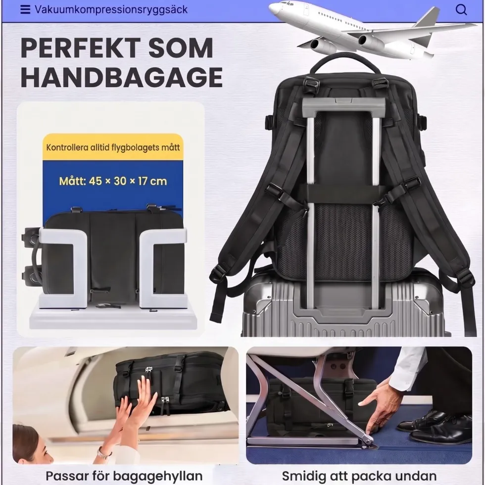Kabinväska Ryggsäck för Ryanair, Norwegian & Wizzair- Handbagage – 30L Vakuum Kompression USB - cabin bag - pump ingår