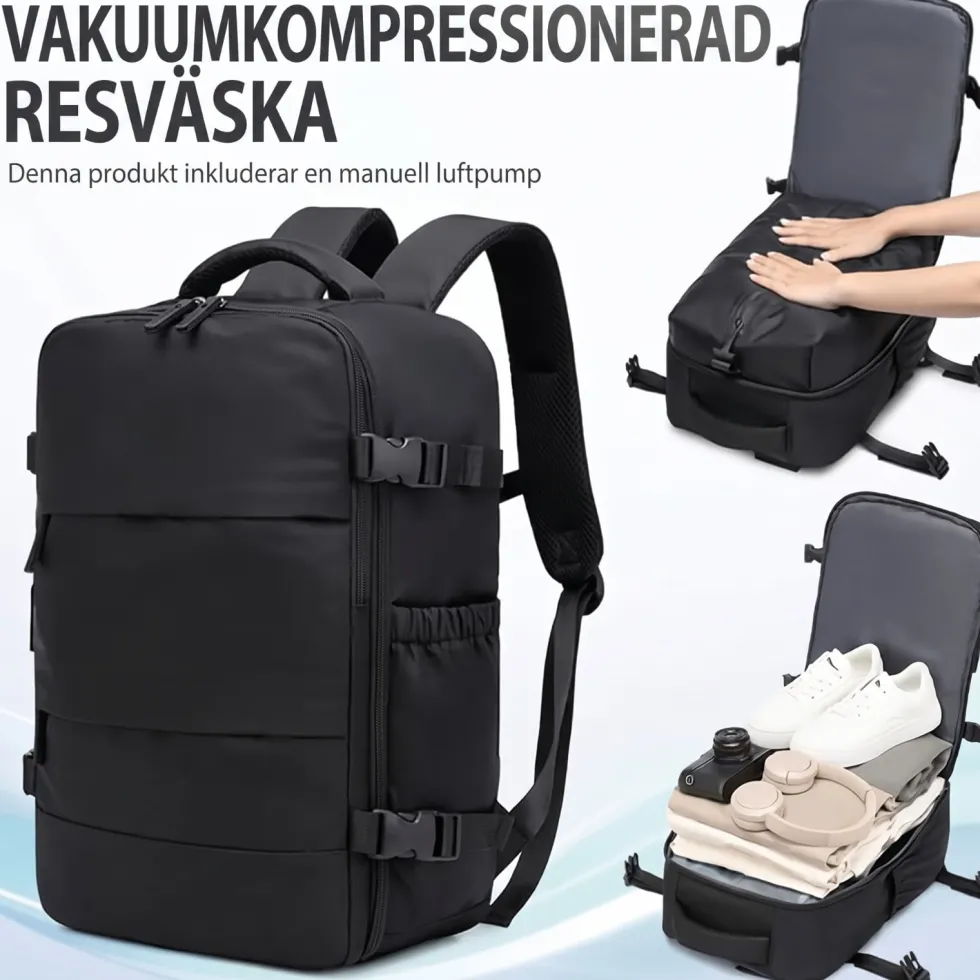 Kabinväska Ryggsäck för Ryanair, Norwegian & Wizzair- Handbagage – 30L Vakuum Kompression USB - cabin bag - pump ingår