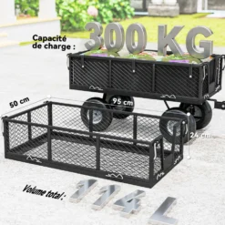 300 kg trädgårdsvagn/släpvagn med avtagbar presenning och 180° roterande handtag, fällbara sidor, svart