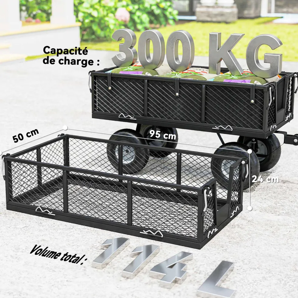 300 kg trädgårdsvagn/släpvagn med avtagbar presenning och 180° roterande handtag, fällbara sidor, svart