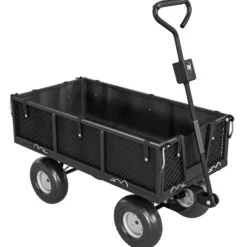300 kg trädgårdsvagn/släpvagn med avtagbar presenning och 180° roterande handtag, fällbara sidor, svart