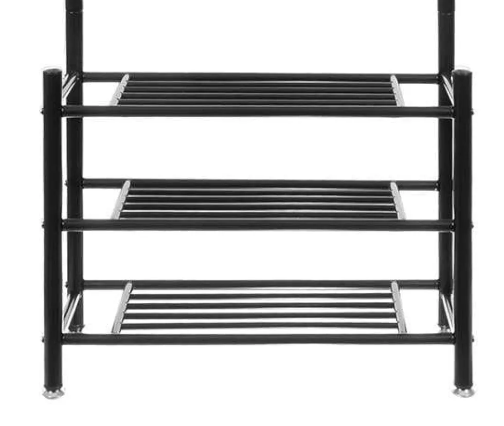 Klädhängare i järnrör 192x65x29 cm med 18 krokar och 3 skohyllor