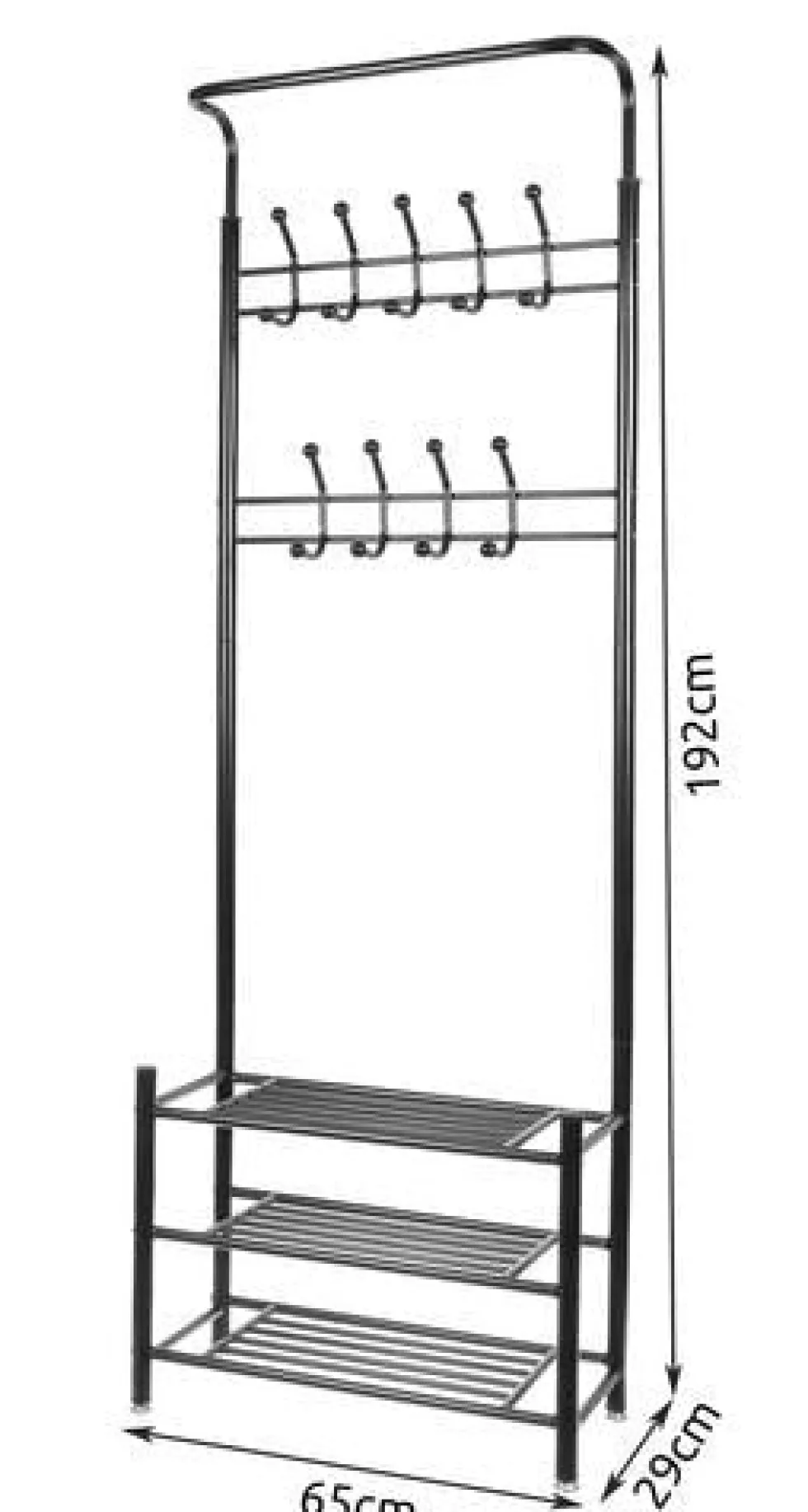 Klädhängare i järnrör 192x65x29 cm med 18 krokar och 3 skohyllor