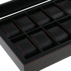 12 klockors klockbox - Lyxmodell i svart carbon med röd söm