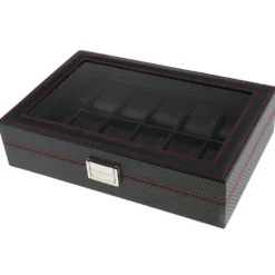12 klockors klockbox - Lyxmodell i svart carbon med röd söm