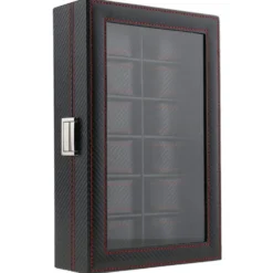 12 klockors klockbox - Lyxmodell i svart carbon med röd söm