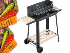 Kolgrill med justerbart grillgaller 5 nivåer hyllor och hjul 84x78x42