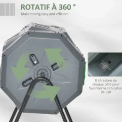 Kompostbehållare 160L Roterande 360° Dubbelkammare Stål PP Grå