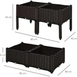 Kruka på ben, 2 våningar, 80x80x44 cm, bevattningsinsats, plast, rottinglook, choklad