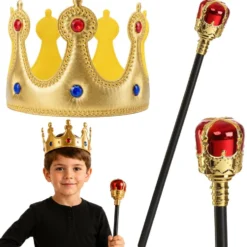 Kungligt set barn krona och spira guld 26 cm/47 cm plast/tyg