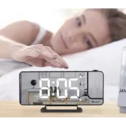 LED väckarklocka med projektor & spegel, USB-C/batteri, svart