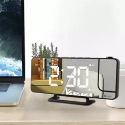 LED väckarklocka med projektor & spegel, USB-C/batteri, svart