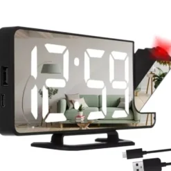LED väckarklocka med projektor & spegel, USB-C/batteri, svart