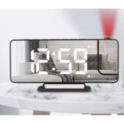 LED väckarklocka med projektor & spegel, USB-C/batteri, svart