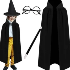 Magikerdräkt barn svart 4-delar cape 90 cm hatt stav glasögon