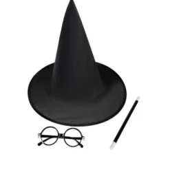 Magikerdräkt barn svart 4-delar cape 90 cm hatt stav glasögon