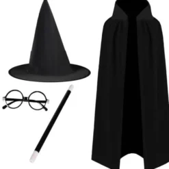 Magikerdräkt barn svart 4-delar cape 90 cm hatt stav glasögon