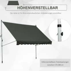 Markis med klämfäste, 150 cm bred, med vev, höjdjusterbar, smuts- och väderbeständig, grå