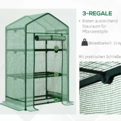 Miniväxthus med folieöverdrag, 3 hyllplan, rulldörr för plantor och grönsaker