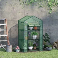 Miniväxthus med folieöverdrag, 3 hyllplan, rulldörr för plantor och grönsaker