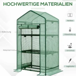 Miniväxthus med folieöverdrag, 3 hyllplan, rulldörr för plantor och grönsaker