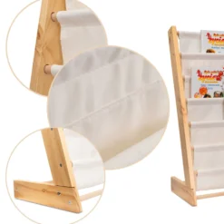 Montessori barnbokhylla med 6 fickor, trä/bomull, 63x76,5x30 cm
