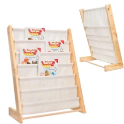 Montessori barnbokhylla med 6 fickor, trä/bomull, 63x76,5x30 cm