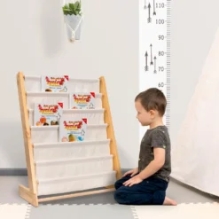 Montessori barnbokhylla med 6 fickor, trä/bomull, 63x76,5x30 cm