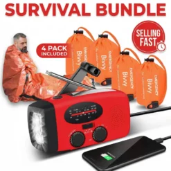 Nödkit Survival Bundle – Vevradio med solceller + 4-pack Emergency Bivvy sovsäckar - Krisradio Powerbank Outdoor Survival