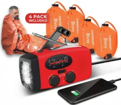 Nödkit Survival Bundle – Vevradio med solceller + 4-pack Emergency Bivvy sovsäckar - Krisradio Powerbank Outdoor Survival