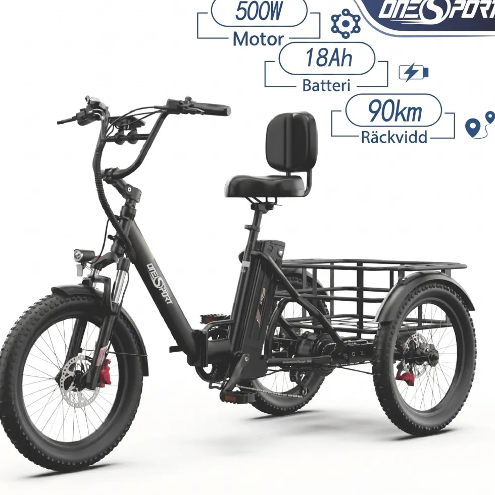 ONESPORT OT30 PRO elcykel, med justerbar saddel, 20*3" tums däck, 18Ah batteri, 500W Motor,maxlast 180 kg, räckvidd 90 km