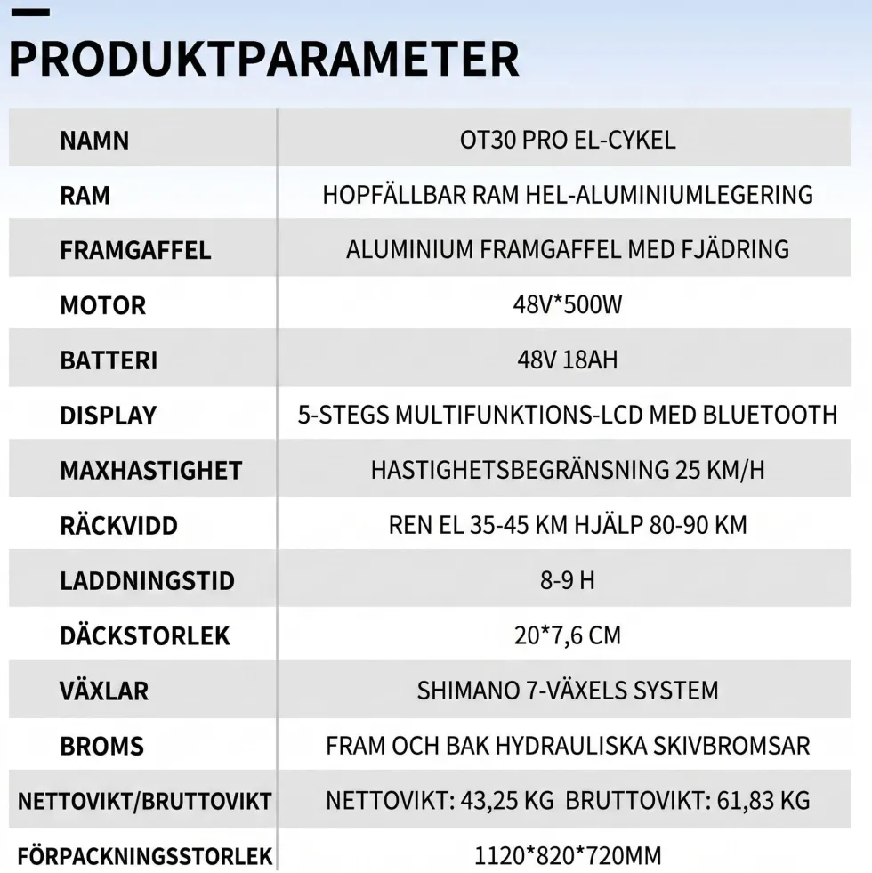 ONESPORT OT30 PRO elcykel, med justerbar saddel, 20*3" tums däck, 18Ah batteri, 500W Motor,maxlast 180 kg, räckvidd 90 km