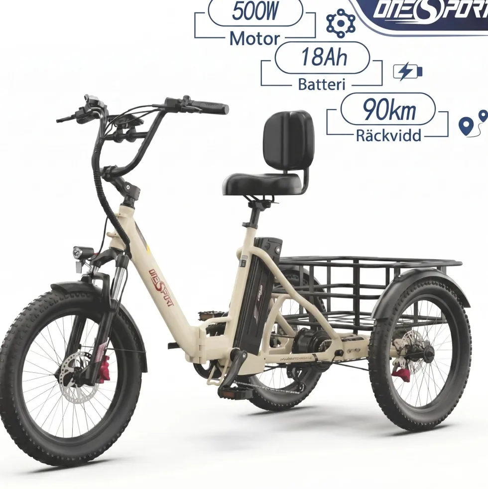 ONESPORT OT30 PRO elcykel, med justerbar saddel, 20*3" tums däck, 18Ah batteri, 500W Motor,maxlast 180 kg, räckvidd 90 km