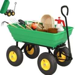 Outsunny handdriven trädgårdsvagn med 75° lutbart tippflak, 75 liters kapacitet, 200 kg maxlast, 4 luftfyllda hjul, stål, PP, gul/grön