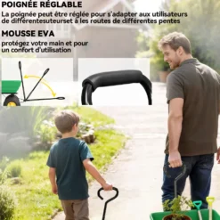 Outsunny handdriven trädgårdsvagn med 75° lutbart tippflak, 75 liters kapacitet, 200 kg maxlast, 4 luftfyllda hjul, stål, PP, gul/grön