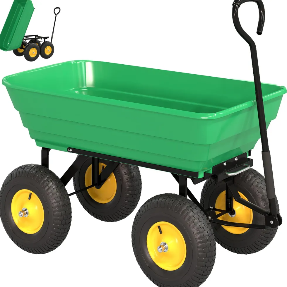 Outsunny handdriven trädgårdsvagn med 75° lutbart tippflak, 75 liters kapacitet, 200 kg maxlast, 4 luftfyllda hjul, stål, PP, gul/grön