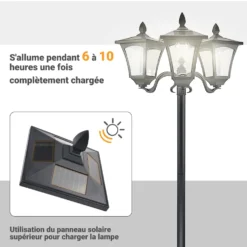 Outsunny solcellsdriven LED-trädgårdslampa med sensorer, 3 skärmar - H.182,5 cm - IP44